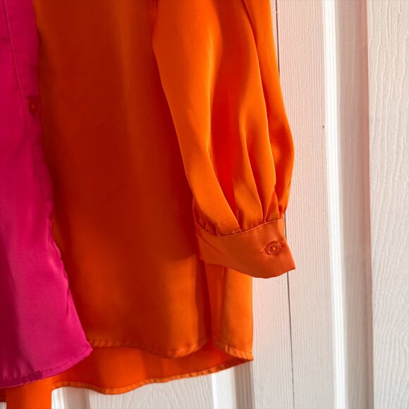 Strut & Bolt Multicolor Orange and Hot Pink Button Up Colorblock Satin Blouse - Picture 6 of 9